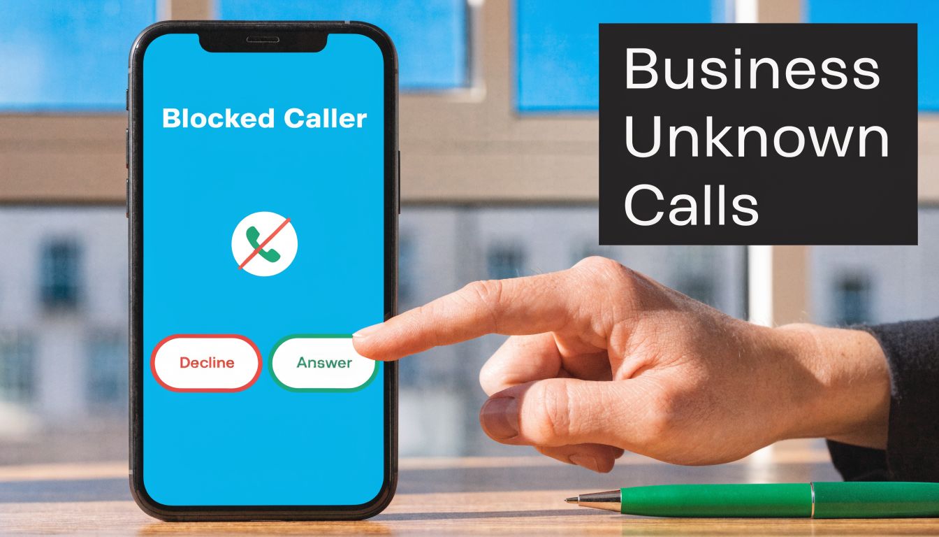 A hand touching a smartphone screen displaying a blocked caller message with answer and decline buttons.