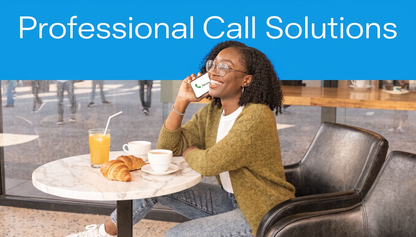 A woman smiling while talking on her phone at a cafe table with juice and croissants.