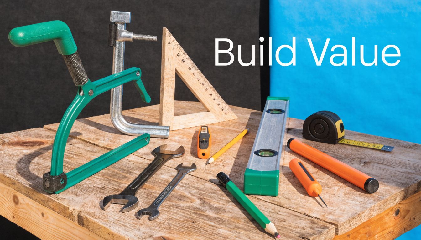 A collection of construction and maintenance tools arranged on a wooden surface with a bright blue background.