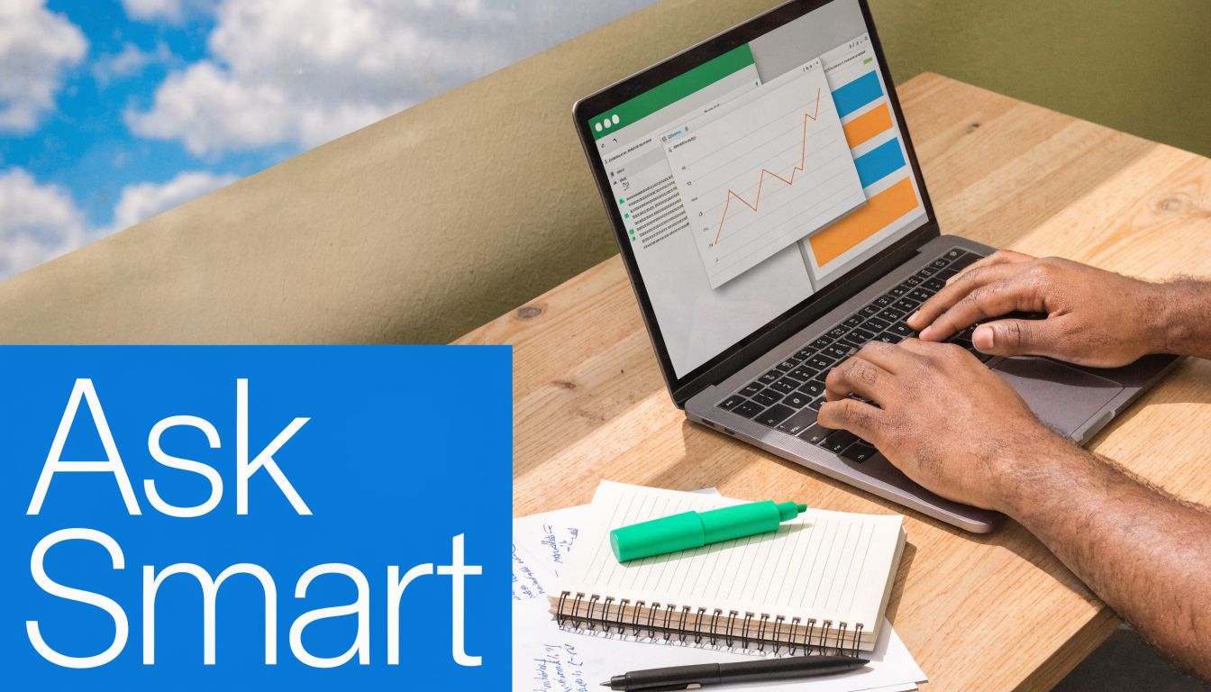 A person using a laptop on a wooden desk with a notebook and green marker nearby.