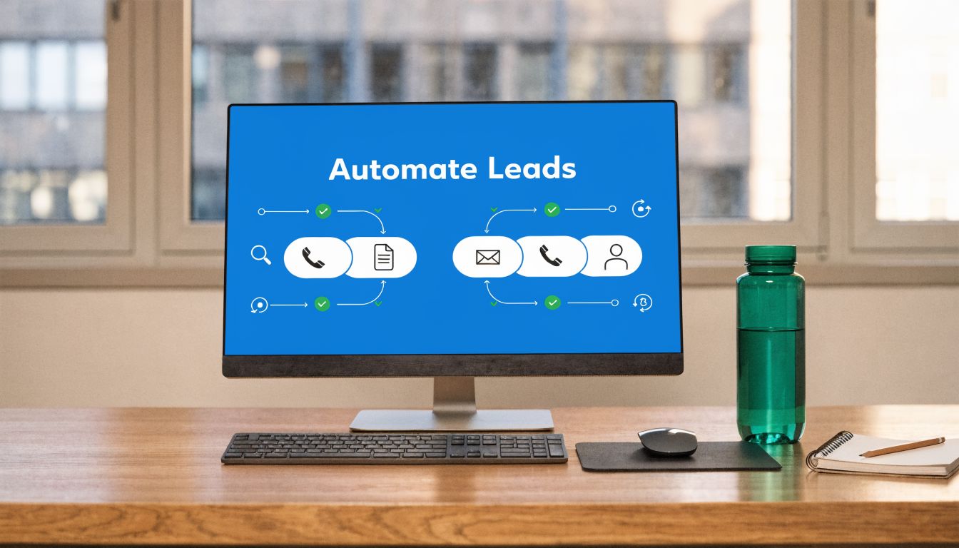 A computer monitor displaying a diagram about automating business leads sits on a wooden office desk.