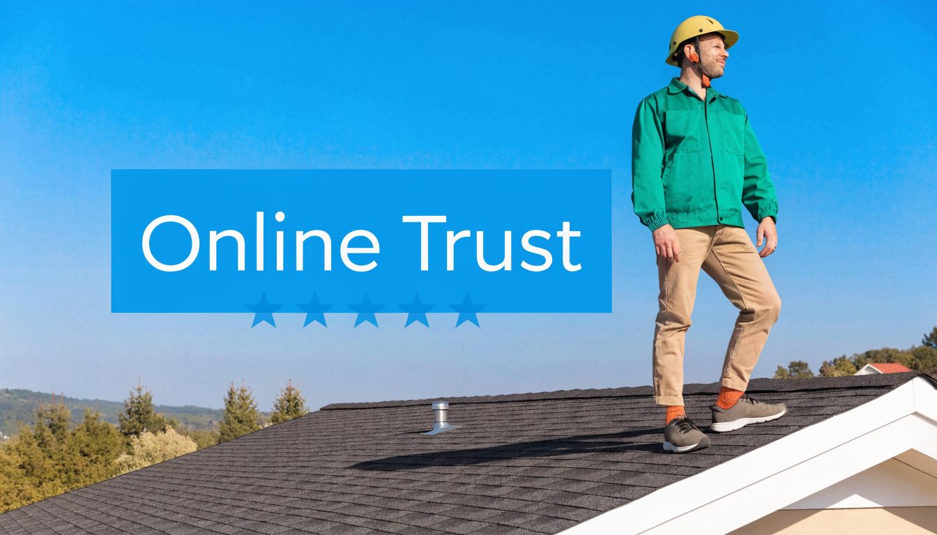 A professional roofer wearing a yellow helmet stands on top of a residential roof under a blue sky.