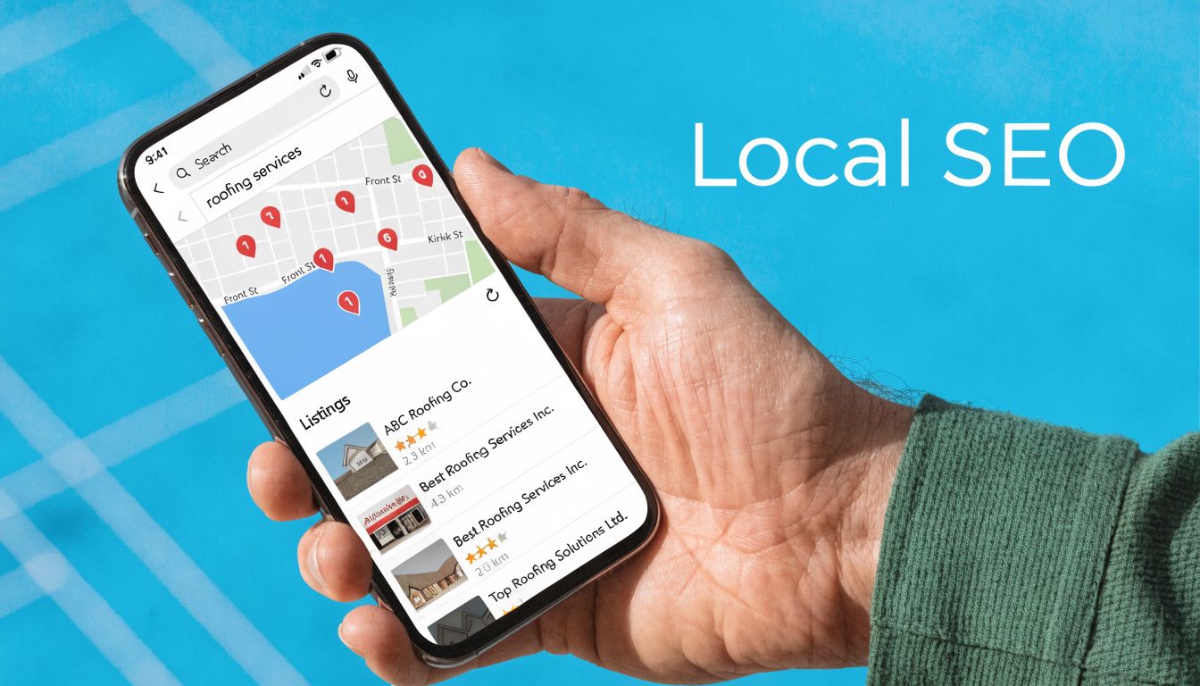 A person holding a smartphone displaying roofing services local search results on a digital map.
