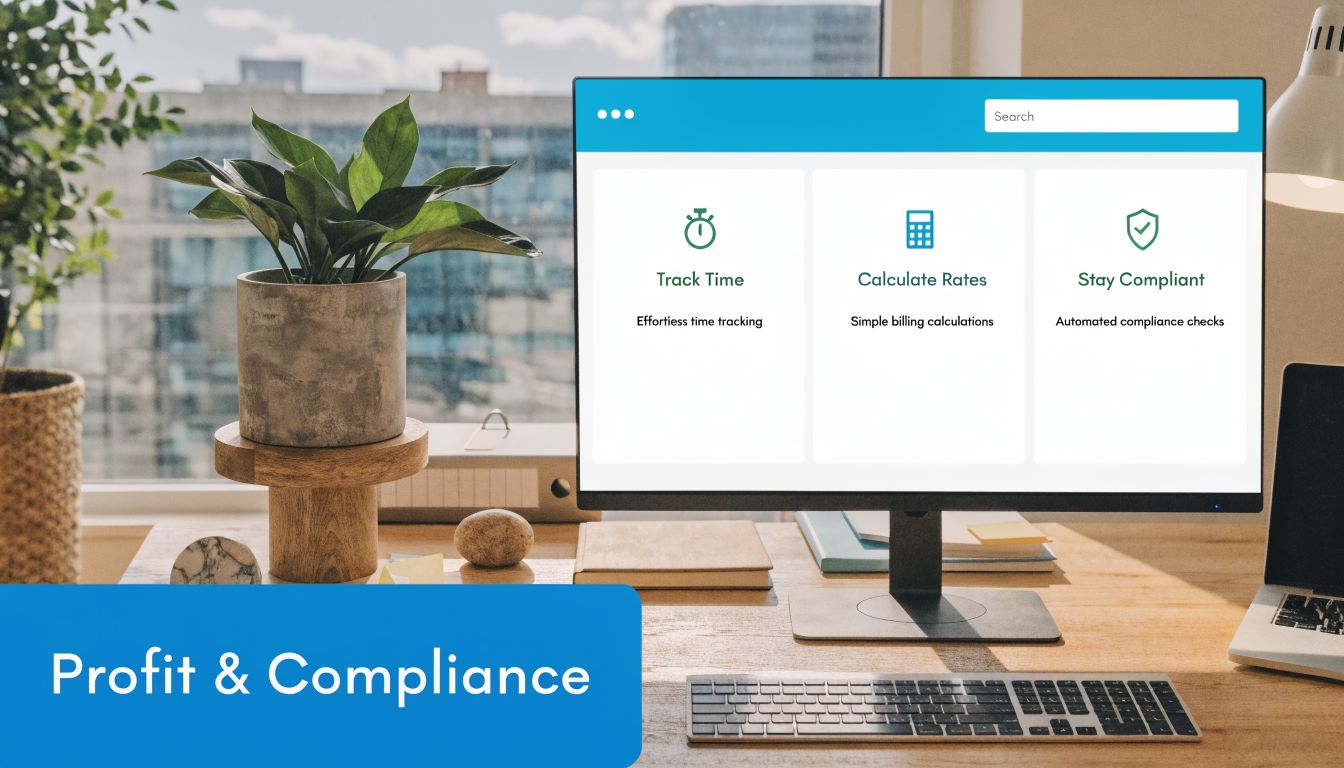 A computer screen showing timekeeping and compliance software features on a desk in a bright office.