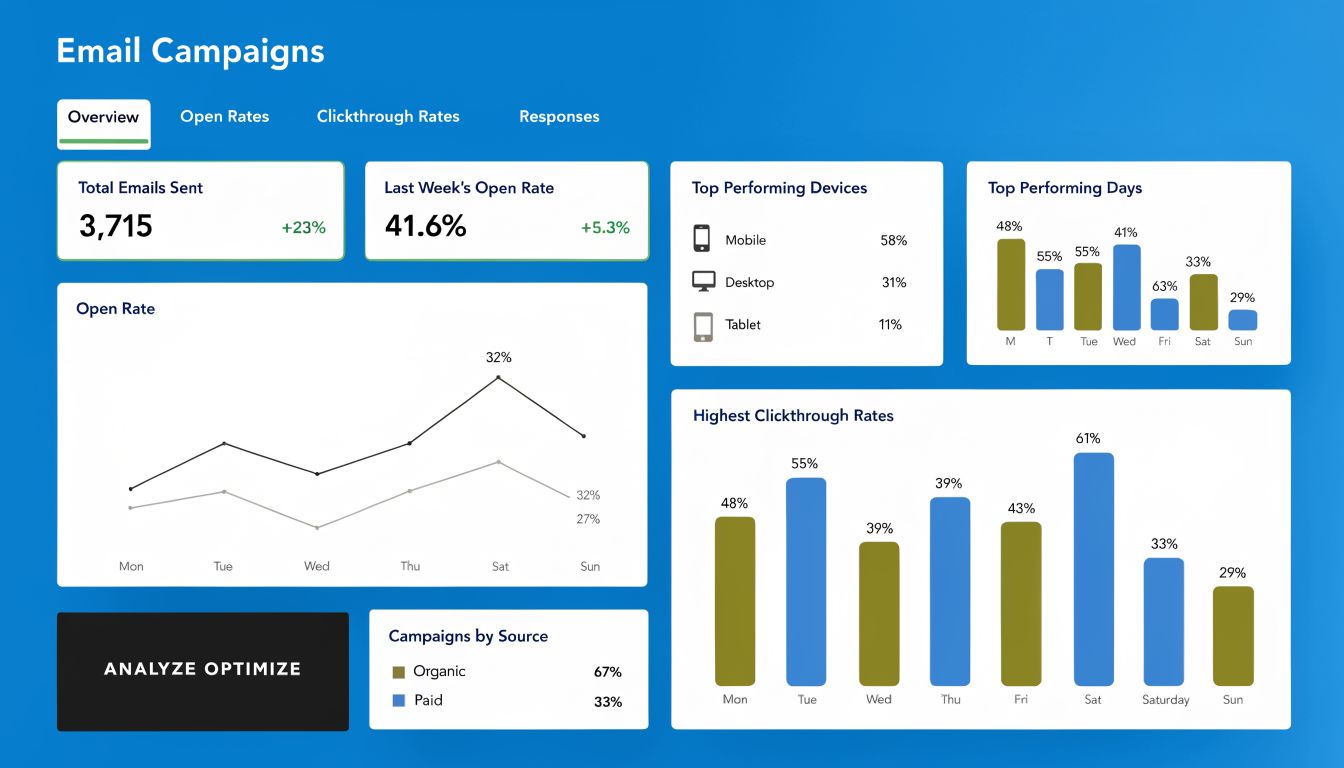 A dashboard showing email campaign performance metrics like open rates, clickthrough rates, and device usage statistics.