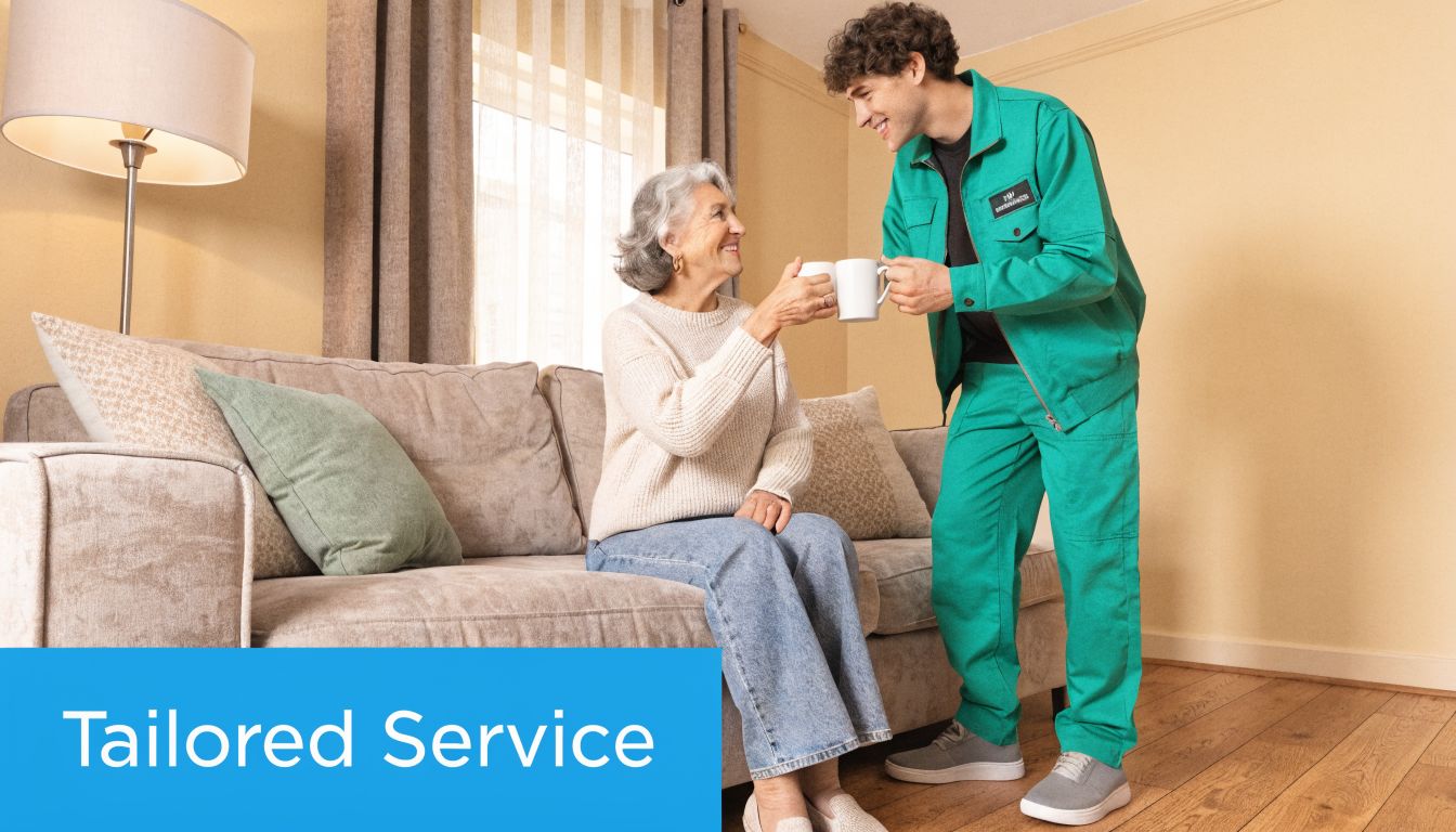 A friendly service professional offering a warm drink to an elderly woman sitting on a comfortable couch.