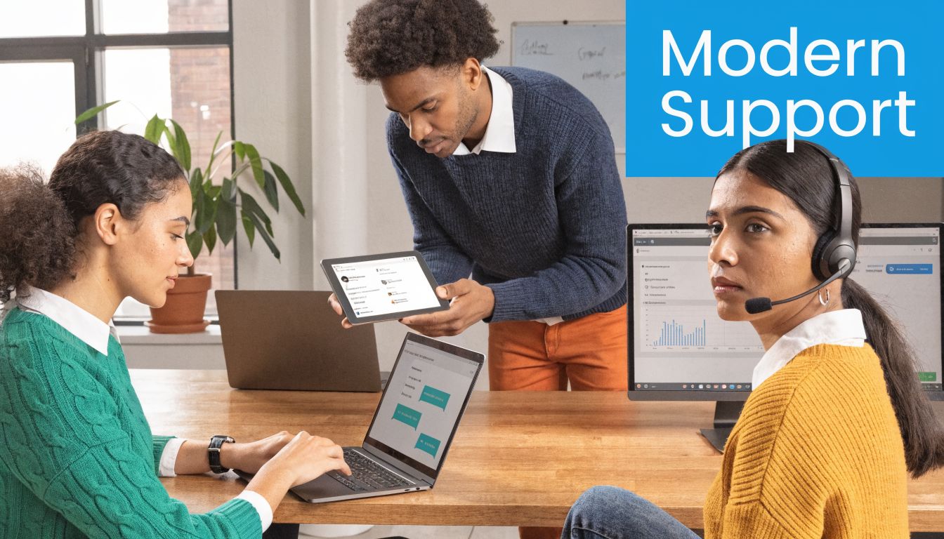 A diverse team collaborating in a modern office using laptops and a tablet for customer support tasks.