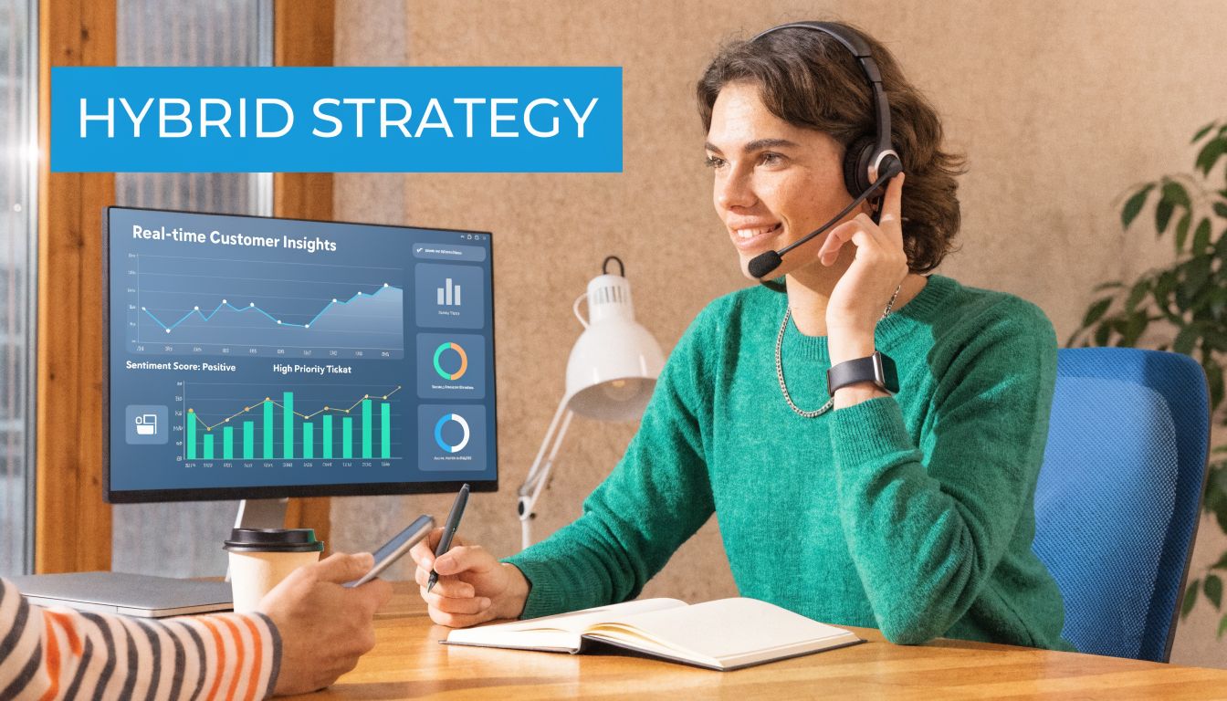 A customer service representative wearing a headset reviews real-time data insights on a computer monitor.