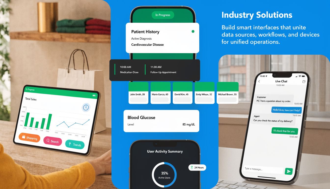 A digital graphic showcasing AI-powered smart interfaces for unified operations across healthcare and retail platforms.