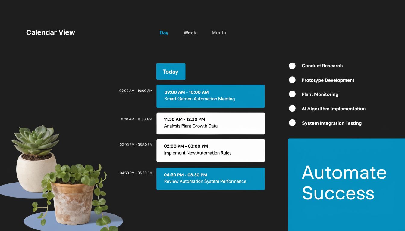 A sleek digital calendar view interface displaying daily tasks and progress for smart garden automation project management.