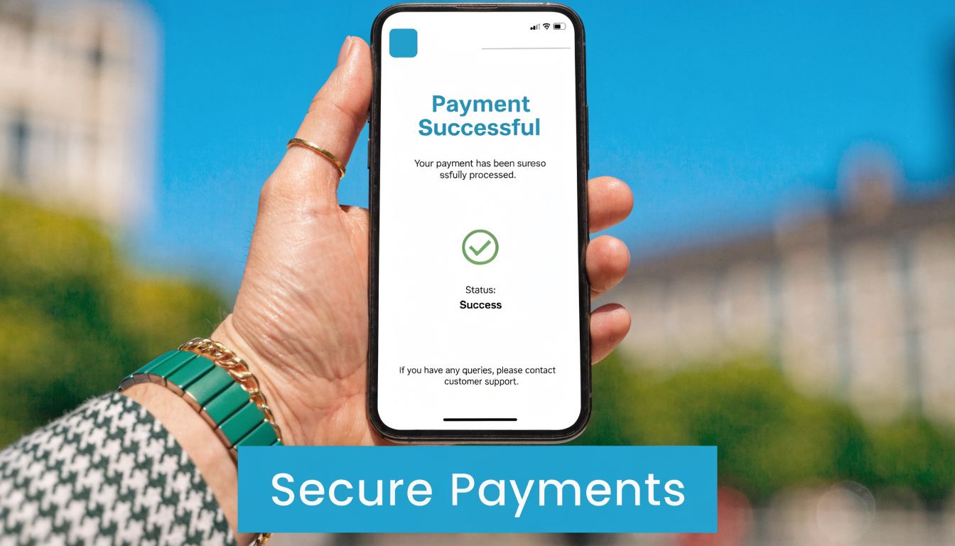 A hand holding a smartphone displaying a successful payment confirmation screen against a blurred city background.
