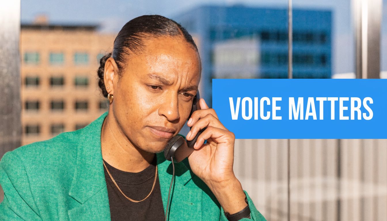 A serious-looking woman in a green blazer talking on a vintage telephone with a bright blue graphic overlay.