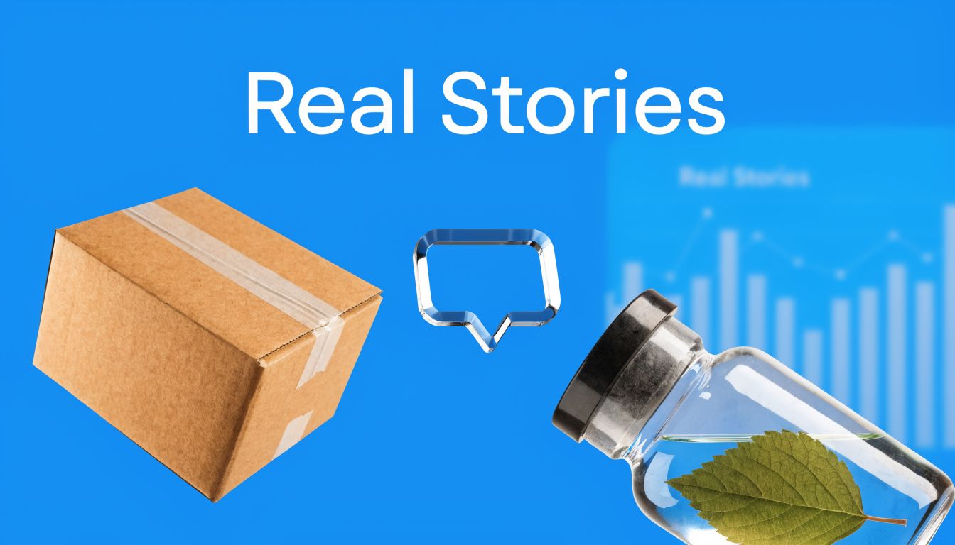 A cardboard box, a speech bubble icon, and a glass vial with a leaf on blue background.