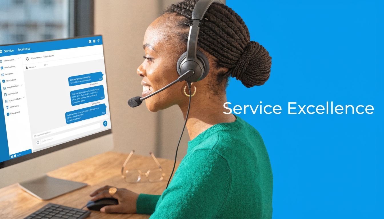 A professional customer service representative wearing a headset uses live chat software on a computer.