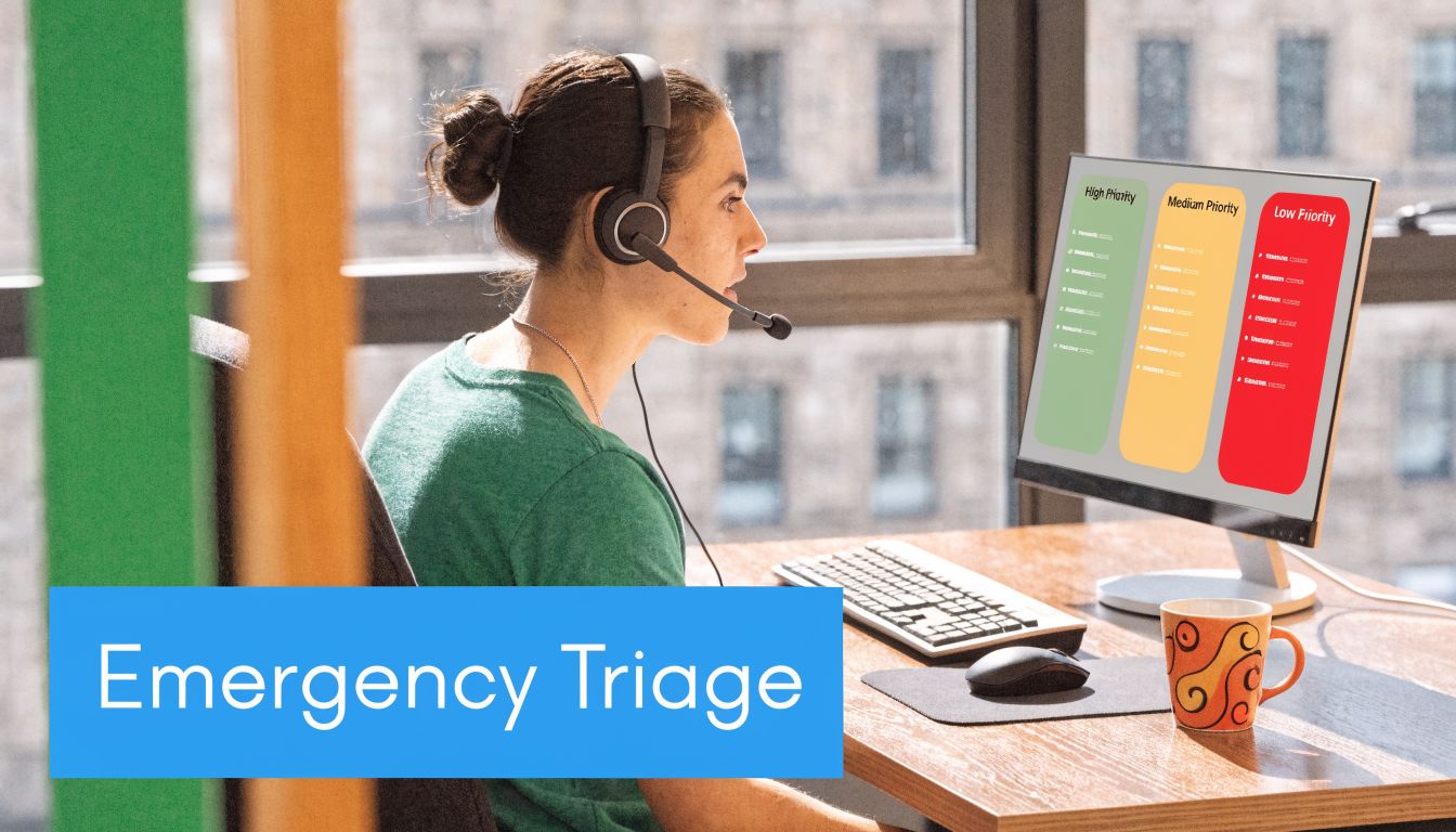 A professional operator wearing a headset monitors a triage system on a computer screen while working.
