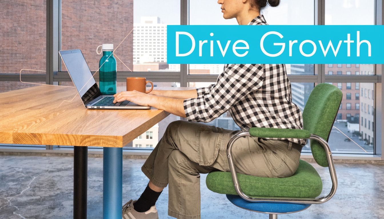A professional working on a laptop at a desk in a modern office with city views.