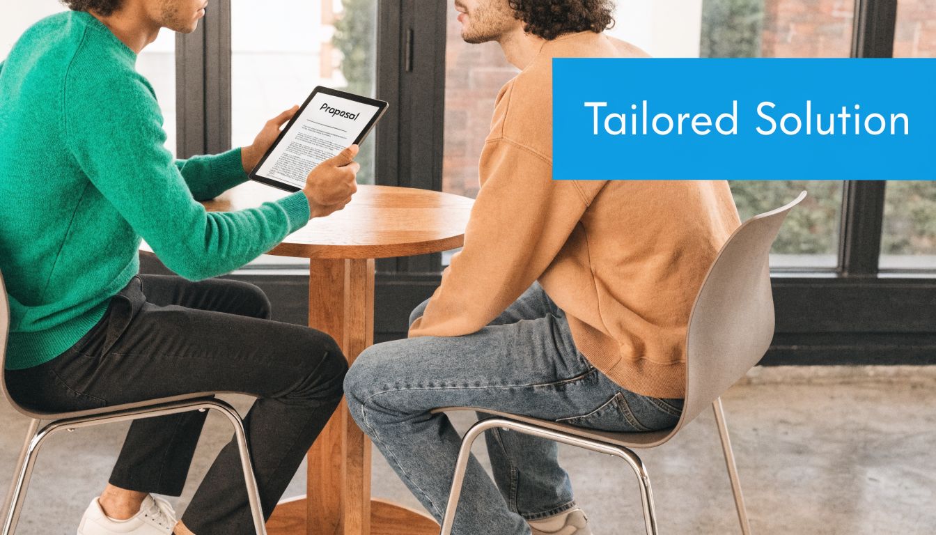 Two professional men sitting at a table discussing a business proposal document on a digital tablet.