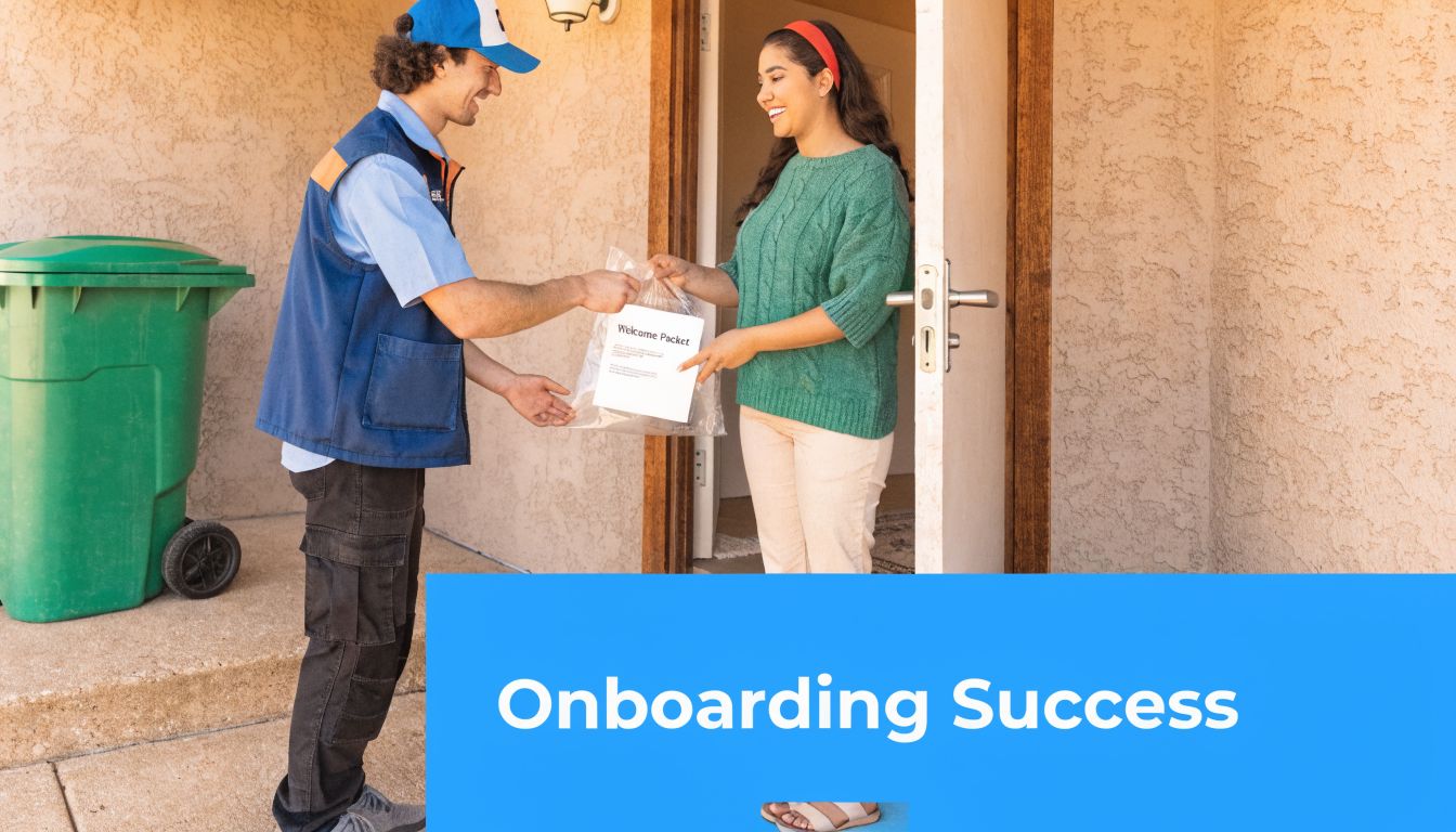 A delivery person handing a Welcome Packet to a customer standing in their doorway during onboarding.