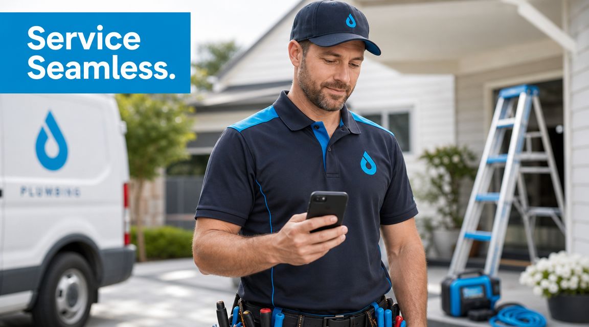 A professional plumber in uniform using his smartphone while standing in front of his service van.