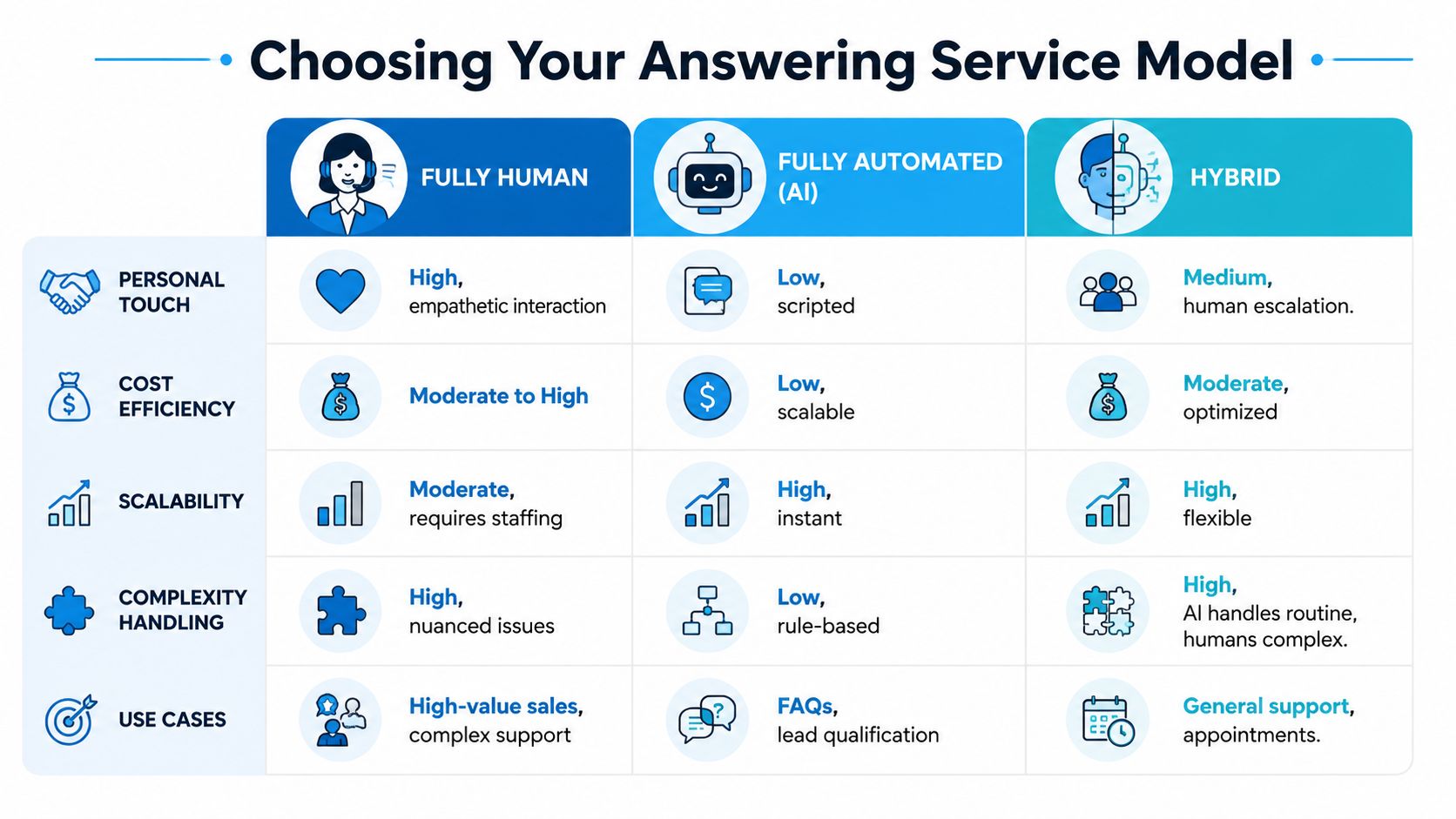 A comparison chart outlining the differences between fully human, fully automated AI, and hybrid business answering service models.