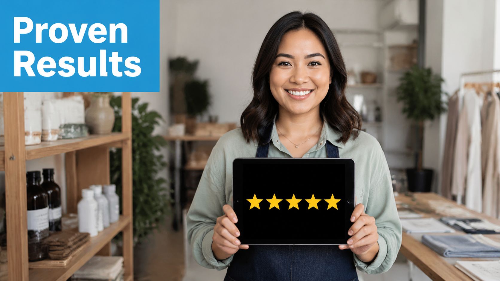 A smiling business owner holding a digital tablet displaying five golden stars for positive customer reviews.