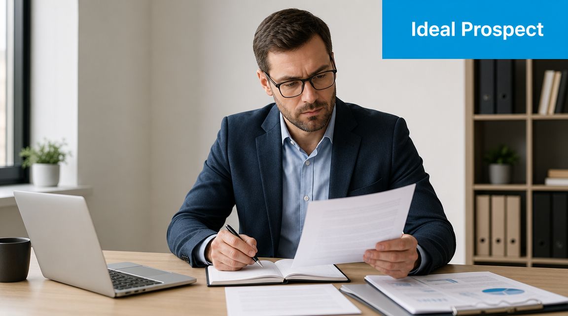 A professional man sitting at an office desk while reading documents and taking notes for work.