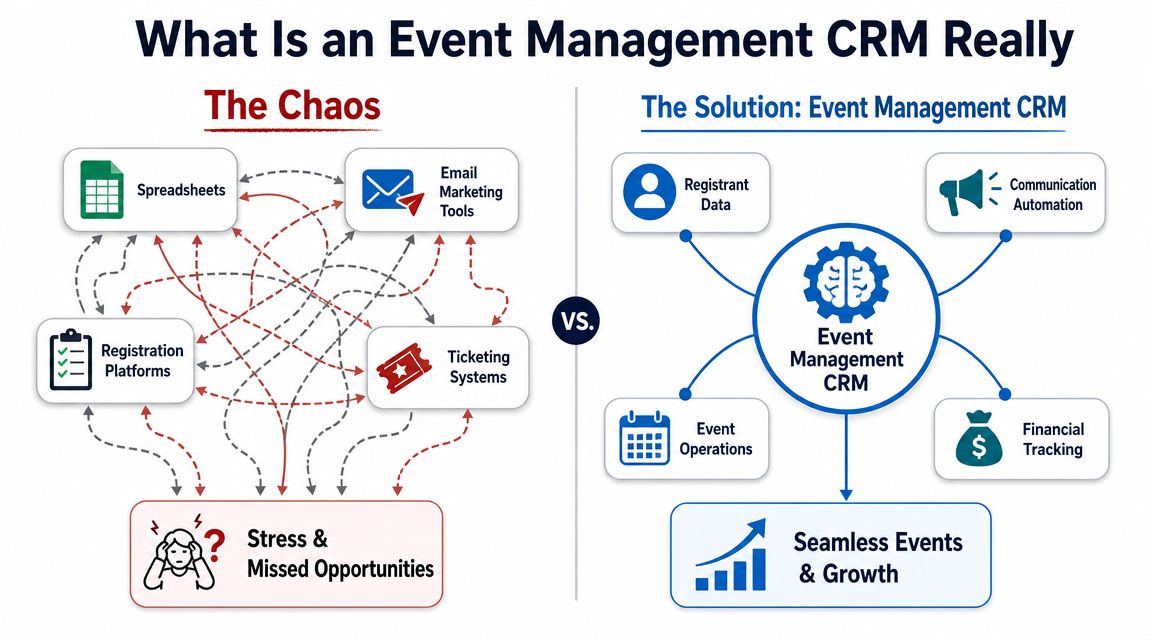 A diagram contrasting chaotic fragmented event tools with an organized event management CRM system for growth.