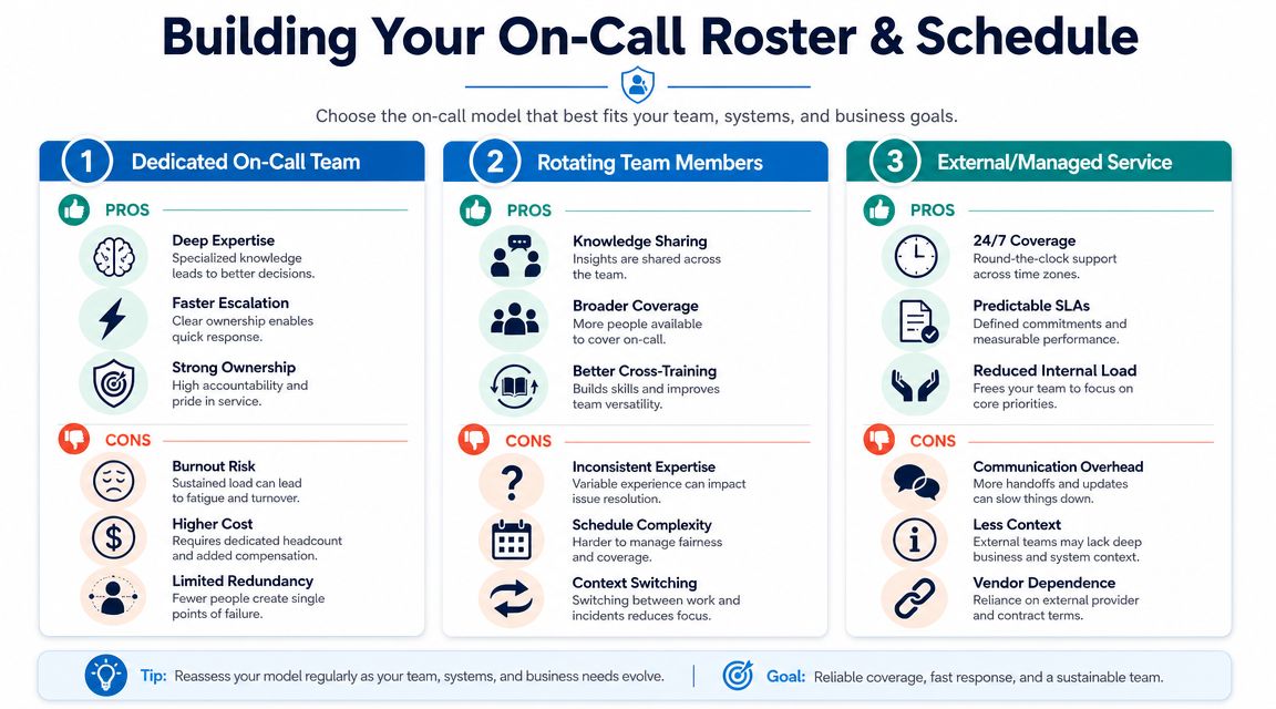 A comparison chart outlining the pros and cons of three common on-call staffing models for teams.