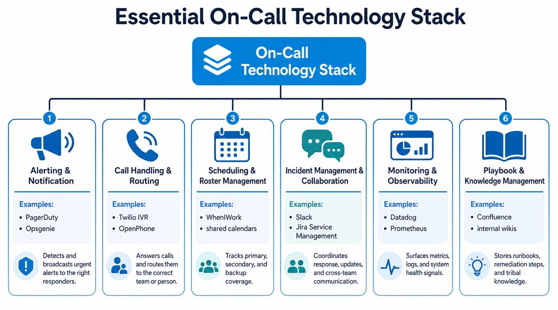 A diagram outlining the six essential pillars of an on-call technology stack for incident management.