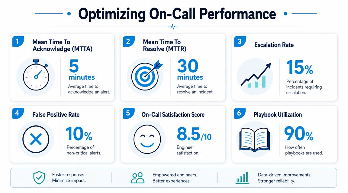 An infographic titled Optimizing On-Call Performance featuring six key metrics for improving incident management and engineering team success.