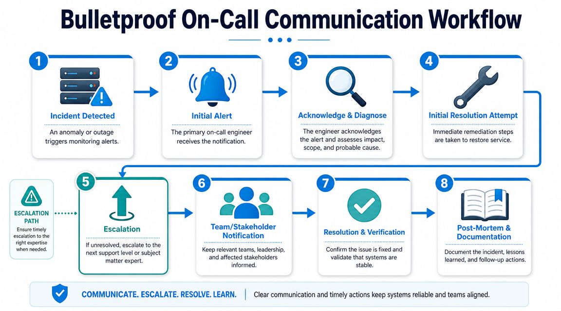 A diagram illustrating the eight steps of a bulletproof on-call communication workflow for incident management.