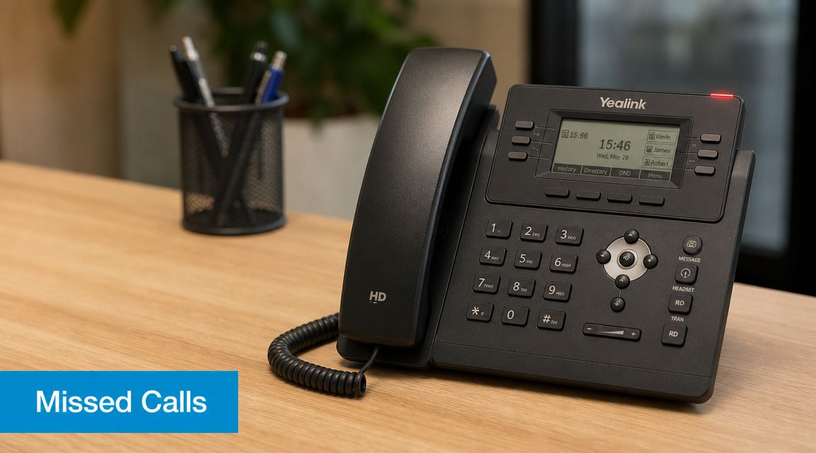 A professional Yealink desk office phone sitting on a wooden desk with a black pen holder background.