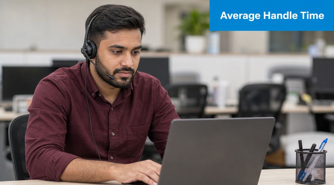 A male customer service representative with a headset working at his laptop in an office environment.