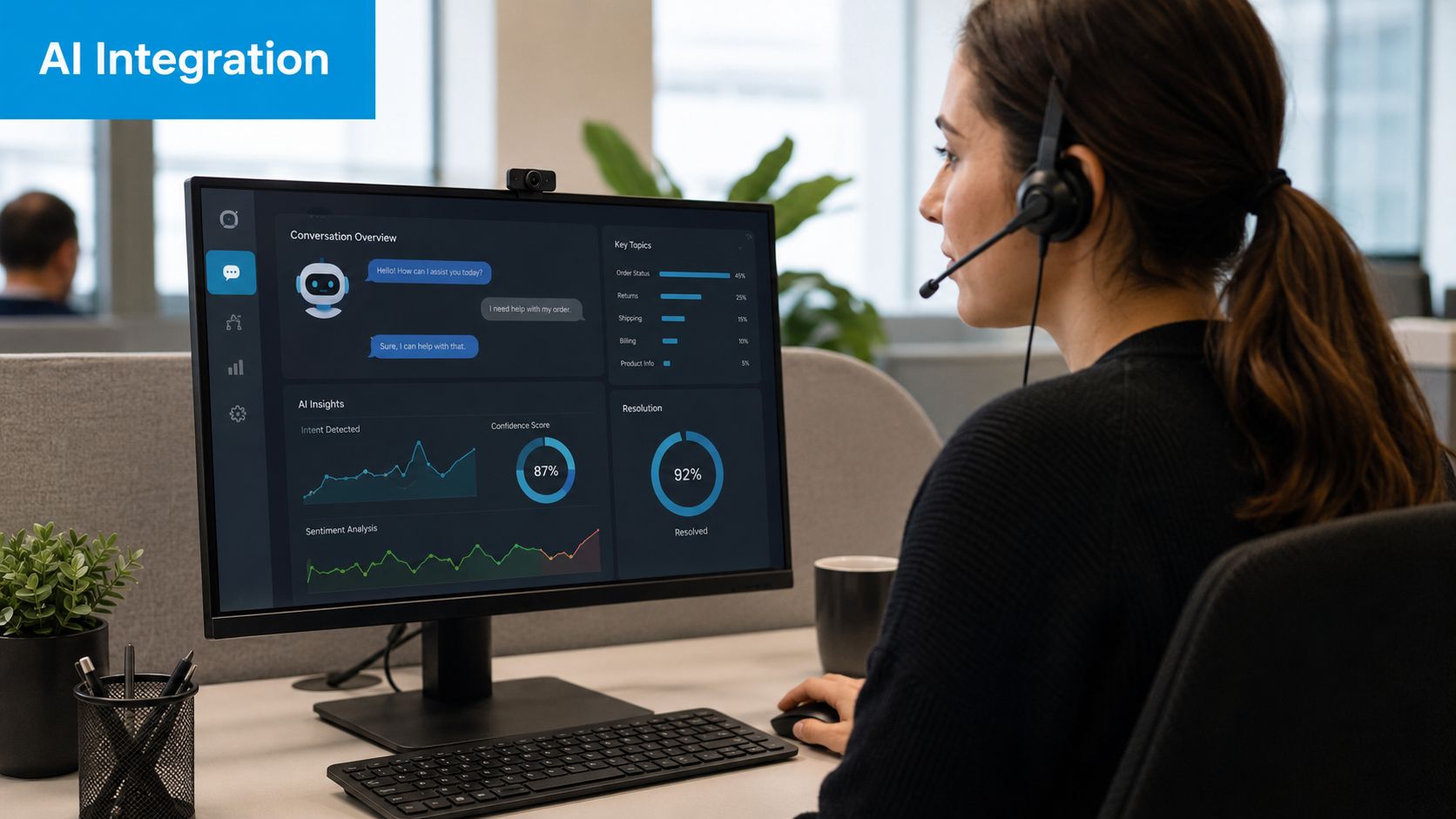 A customer service representative monitors AI-powered call center analytics on a desktop screen in an office.