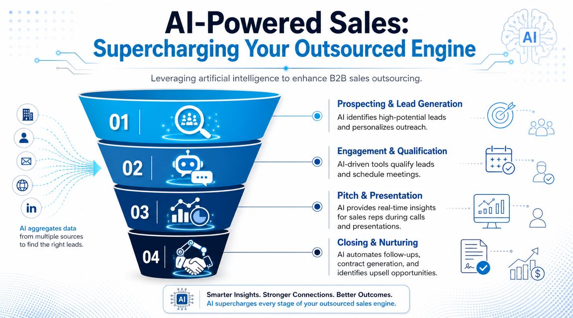 A diagram illustrating how artificial intelligence improves and accelerates each stage of the B2B sales outsourcing process.