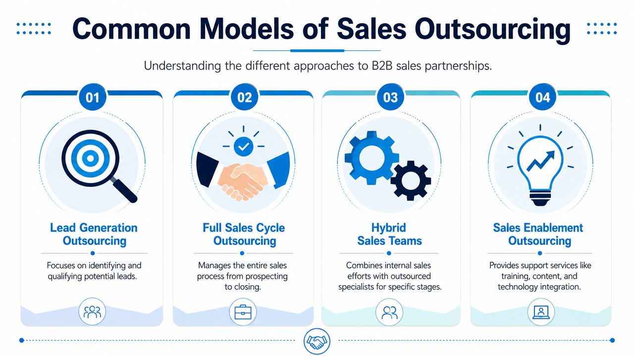 An infographic titled Common Models of Sales Outsourcing detailing four types of B2B sales partnership approaches.