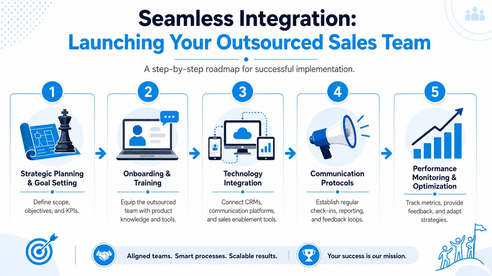 A five-step roadmap infographic for successfully launching and integrating an outsourced B2B sales team.