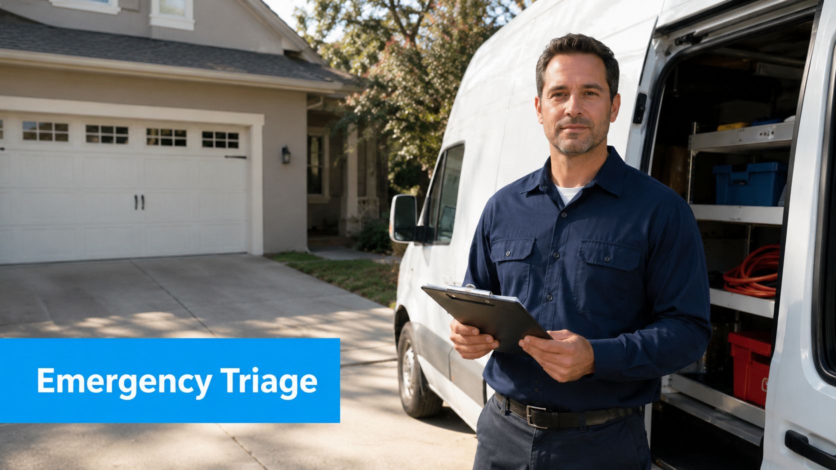 A professional technician stands in front of a service van holding a clipboard for emergency triage services.