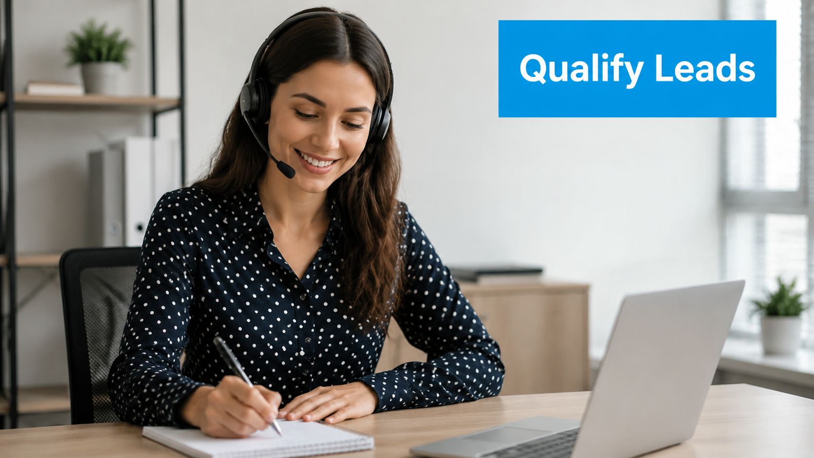 A smiling woman with a headset takes notes on a notepad while working at her laptop.