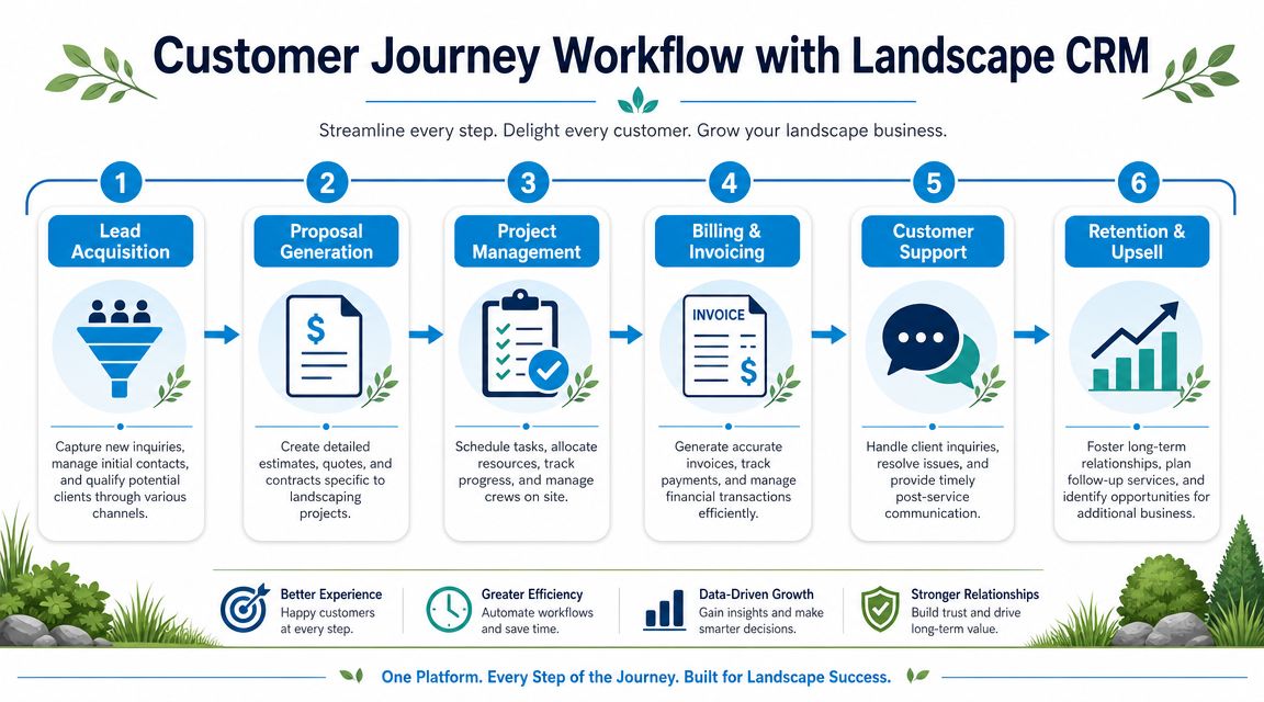 A flowchart showing the six-step customer journey workflow for landscaping businesses using a CRM platform.