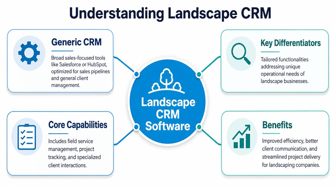 A diagram explaining the role, capabilities, and benefits of specialized software for landscaping business management.