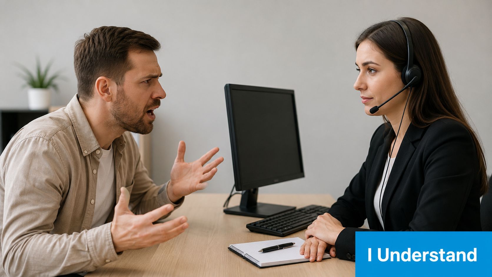 A frustrated man gesturing during an intense conversation with a professional customer service representative wearing a headset.