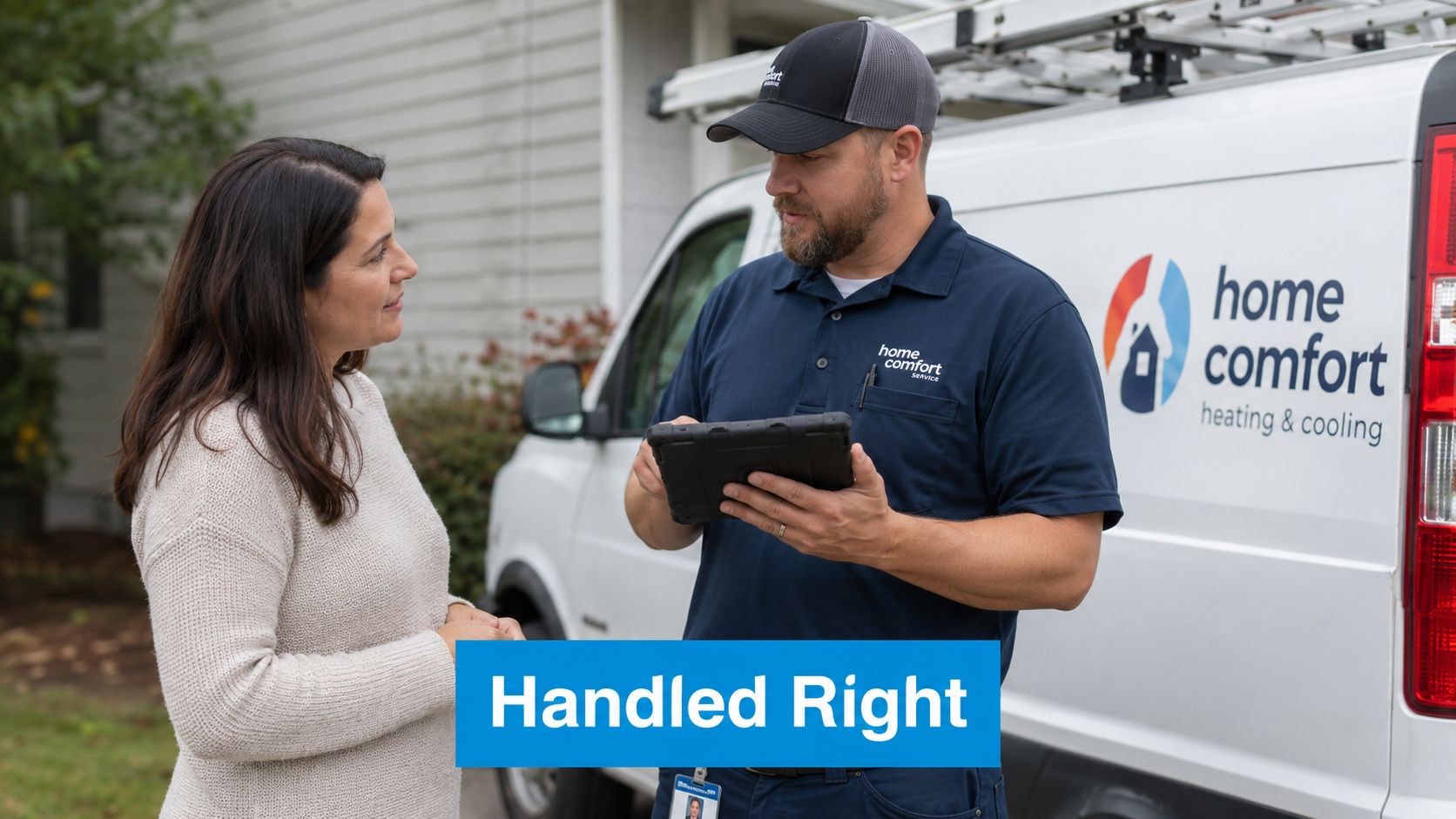 A service technician discusses heating and cooling repair options with a female customer outside her home.