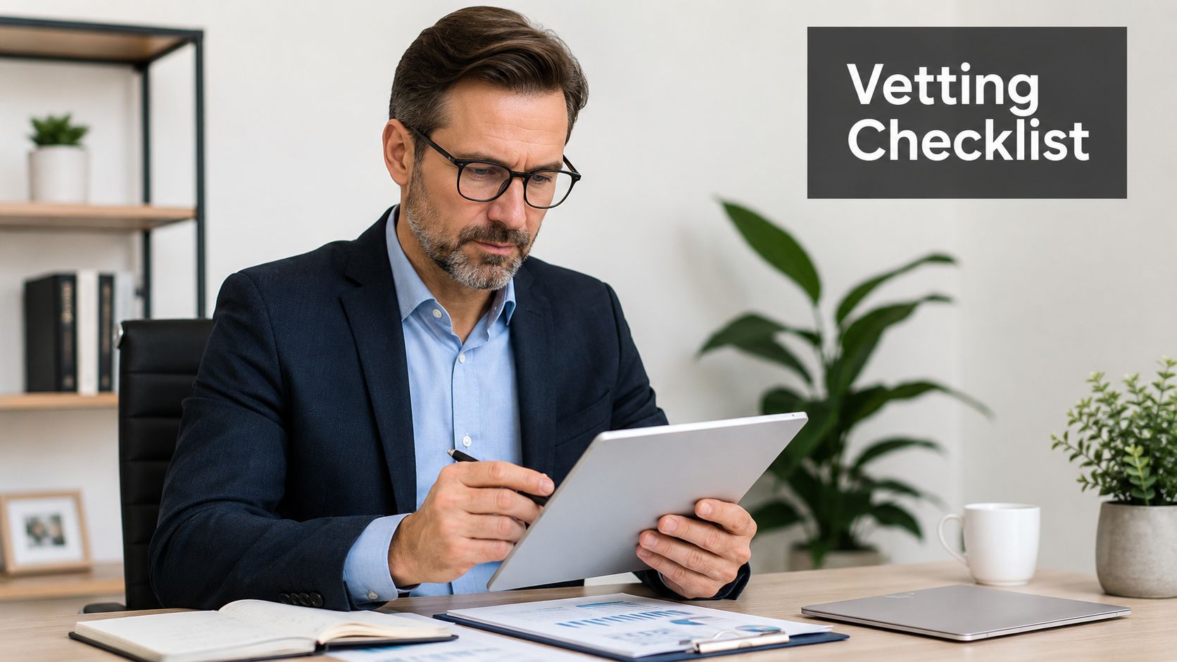 A professional man in a suit using a tablet at his desk for a vetting checklist.