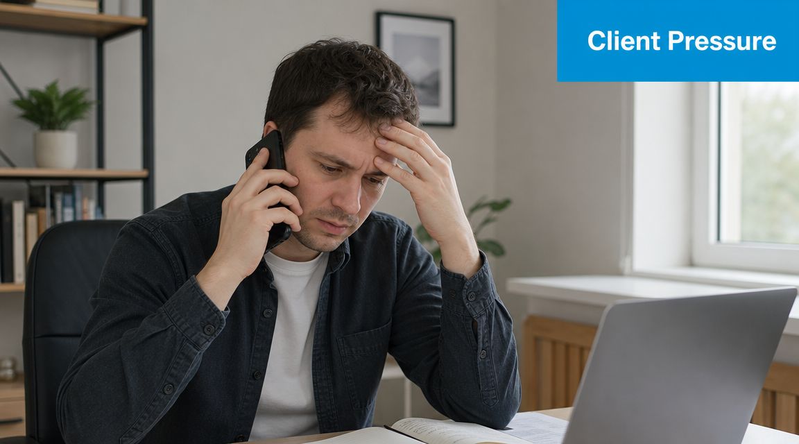 A stressed man sitting at his desk holding a phone to his ear while looking concerned.