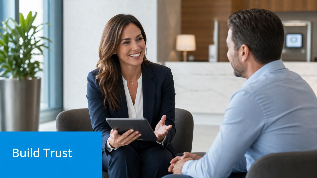 A professional woman in a suit smiles and talks to a man while holding a tablet.