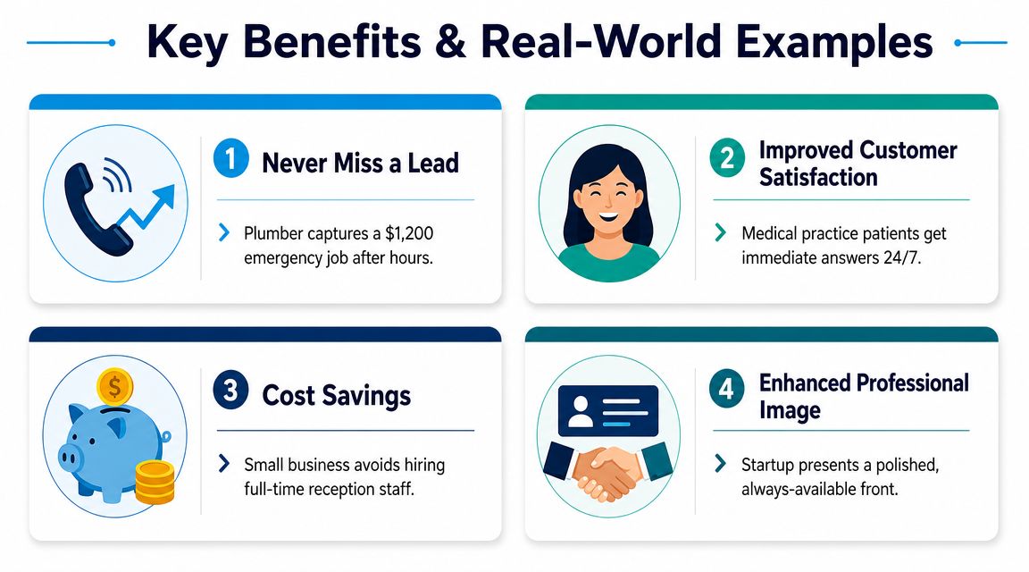 An infographic detailing four key business benefits and real-world examples of professional call handling services.