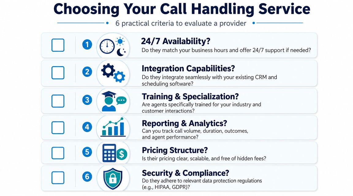 A checklist infographic outlining six essential criteria for choosing an effective professional call handling service provider.