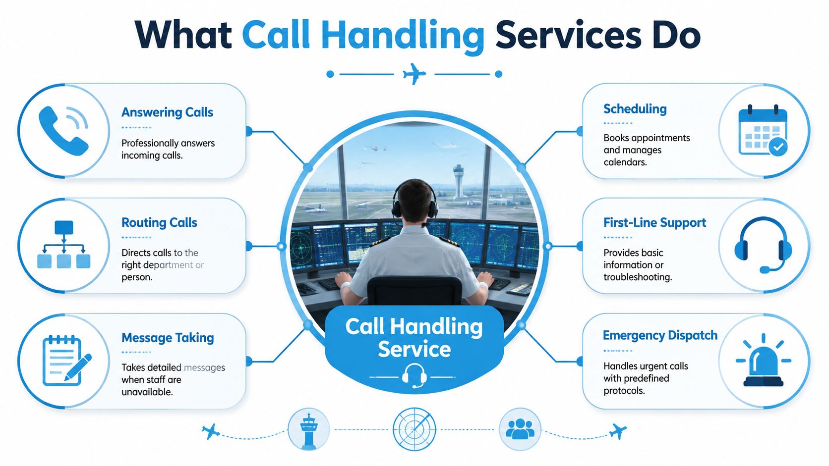 A diagram illustrating the key functions of professional call handling services for business operations.