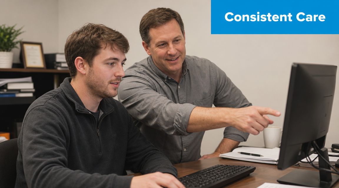 A professional manager mentoring a young employee while reviewing work together on a computer screen.
